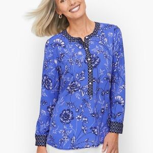 Talbots Etched Botanical Band Collar Popover Blouse.